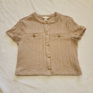 S Beige Short Sleeve Cardigan with Gold Buttons